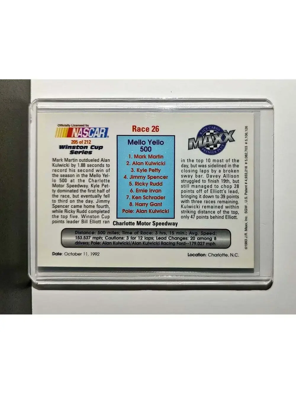 Race 26 Charlotte YR 1993 Maxx Premier Plus Racing #205 NASCAR Card Roush Racing